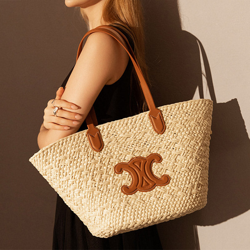 VELUXA | Woven Straw Tote Bag – Vegan Leather Handles with Decorative Emblem