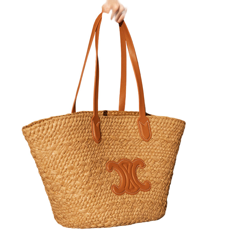 VELUXA | Woven Straw Tote Bag – Vegan Leather Handles with Decorative Emblem