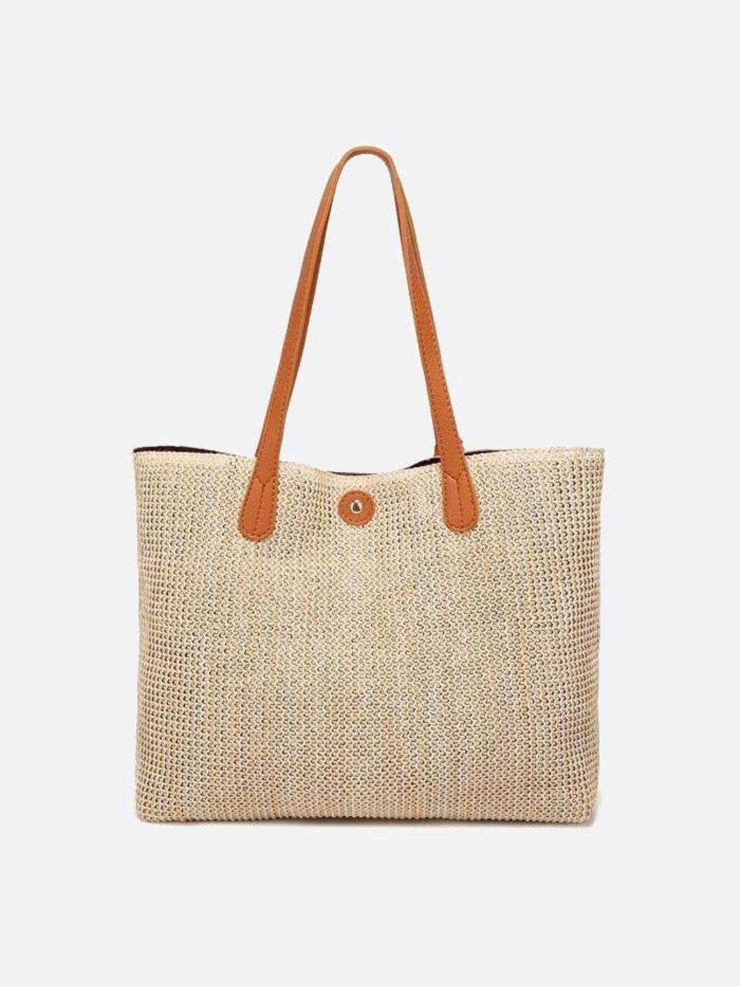 VELUXA | Woven Straw Tote Bag – Rectangular Design with Shoulder Straps & Tassel