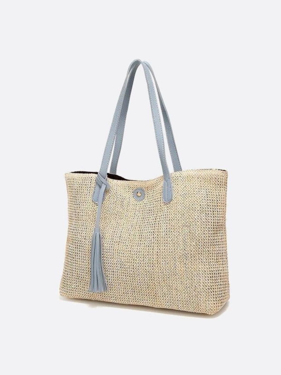 VELUXA | Woven Straw Tote Bag – Rectangular Design with Shoulder Straps & Tassel
