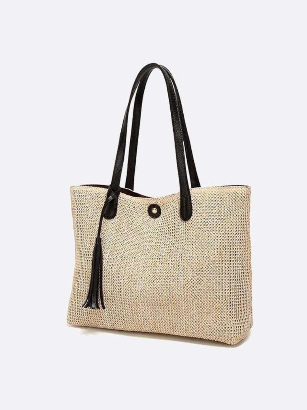 VELUXA | Woven Straw Tote Bag – Rectangular Design with Shoulder Straps & Tassel