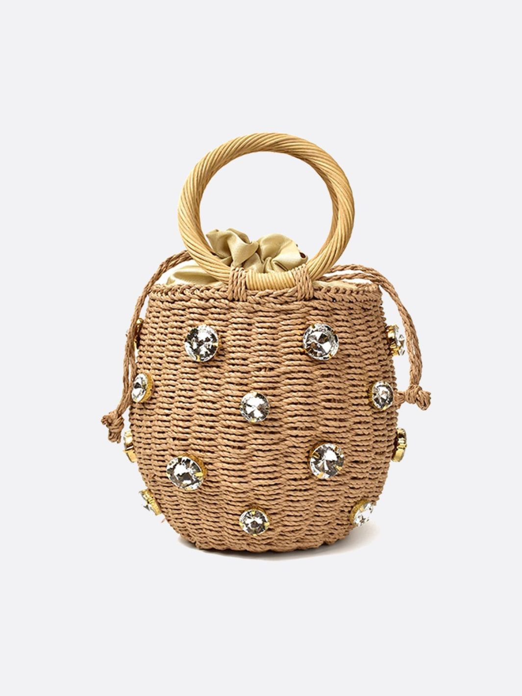VELUXA | Mini Woven Bucket Bag – Rope Handle with Gem Embellishments