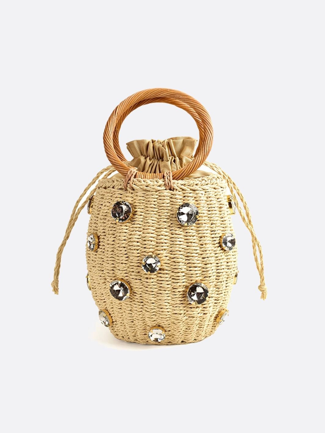 VELUXA | Mini Woven Bucket Bag – Rope Handle with Gem Embellishments