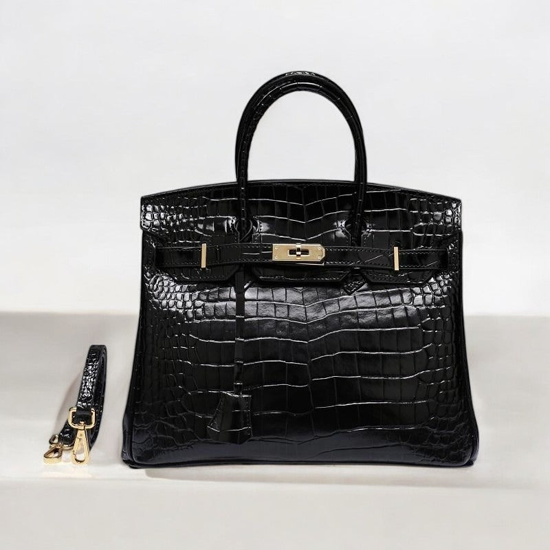 VELUXA | Black Croc-Embossed Tote Bag – Faux Leather