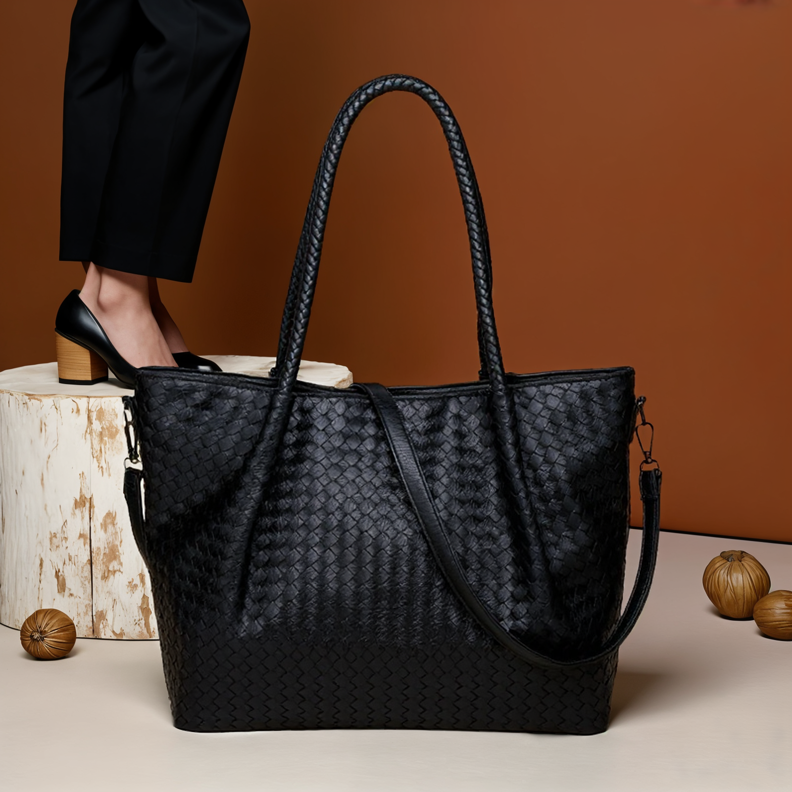 VELUXA | Woven Tote Bag – Faux Leather with Zip Closure & Braided Handles