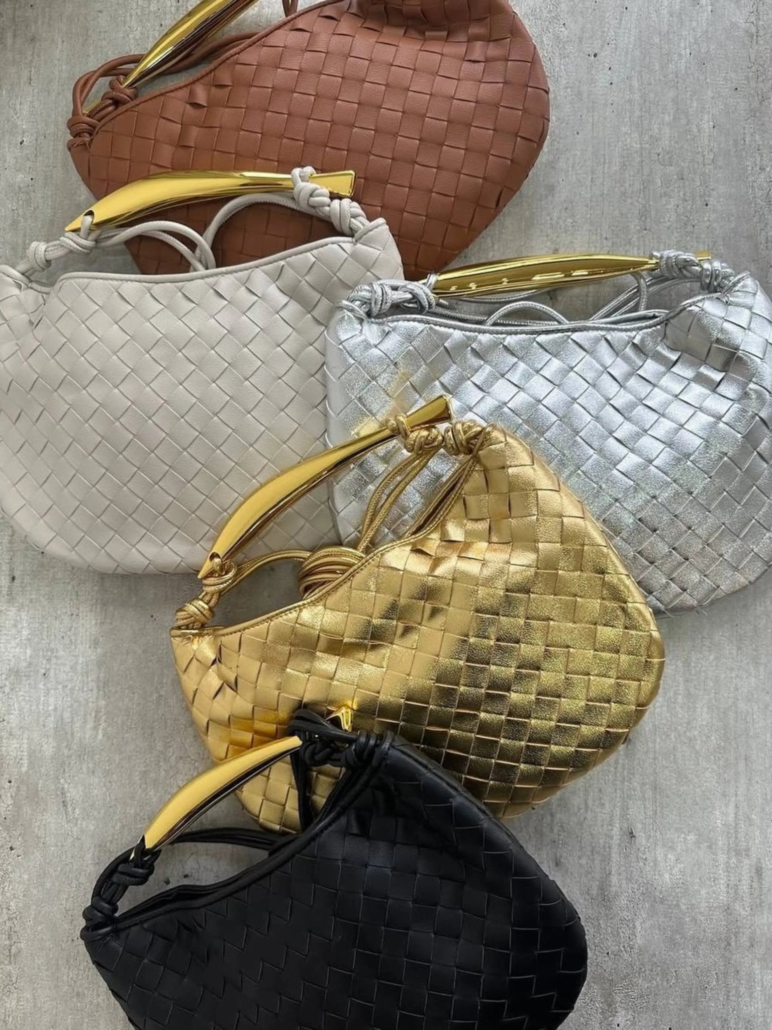 VELUXA | Woven Handbag – Faux Leather with Sculptural Gold-Tone Handle