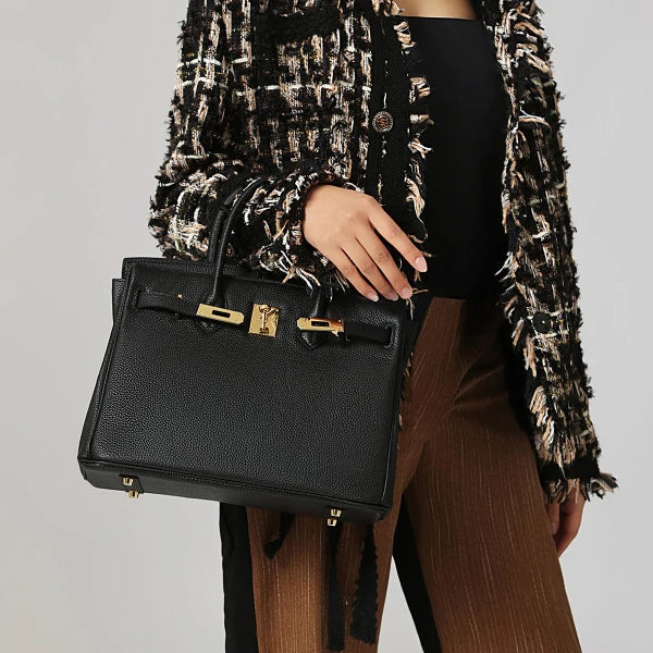 VELUXA | Black Structured Satchel – Faux Leather with Gold-Tone Lock