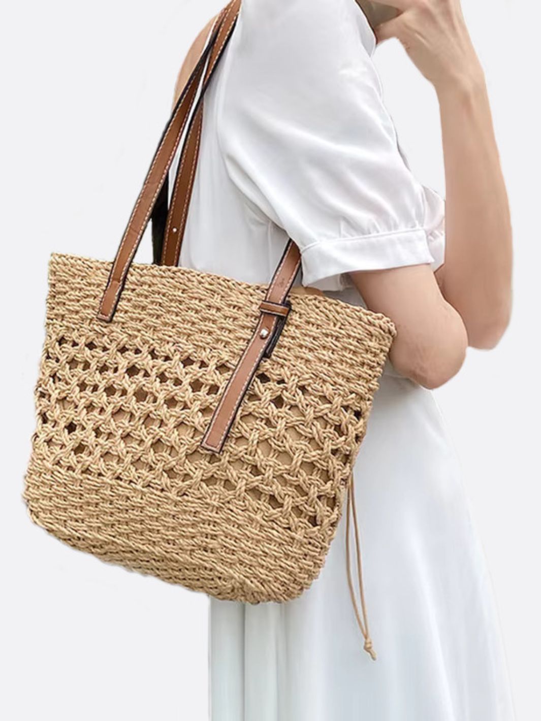 VELUXA | Woven Rope Straw Tote Bag – Open-Weave Design with Drawstring Lining