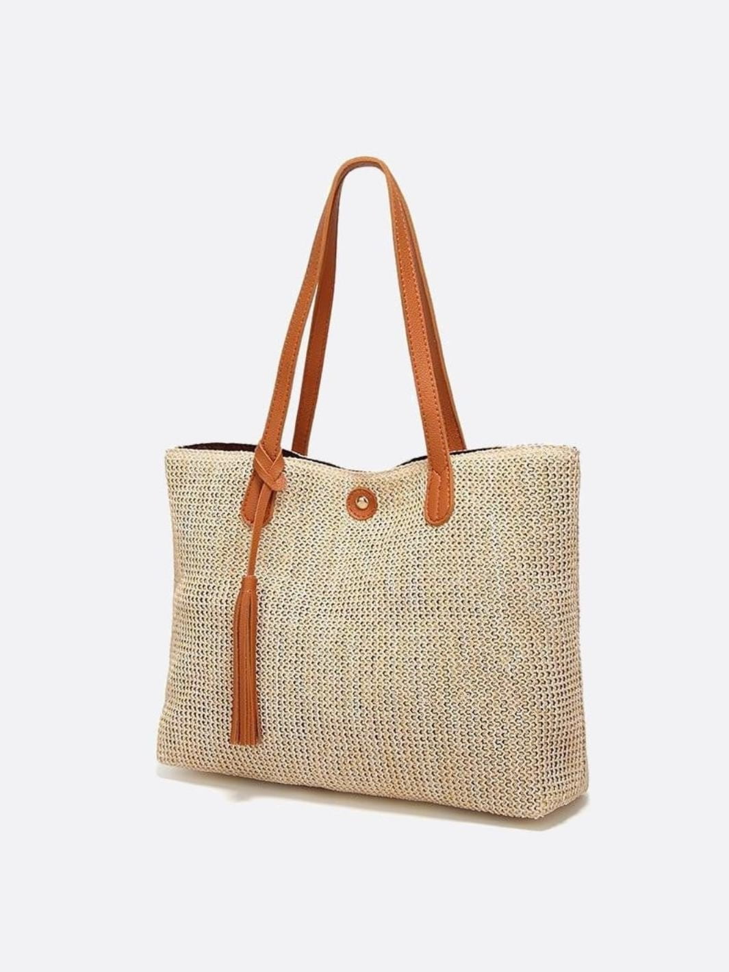 VELUXA | Woven Straw Tote Bag – Rectangular Design with Shoulder Straps & Tassel