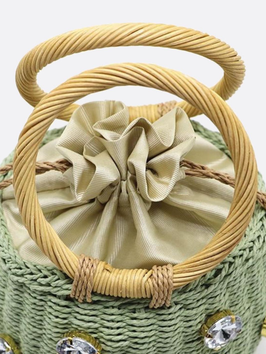 VELUXA | Mini Woven Bucket Bag – Rope Handle with Gem Embellishments