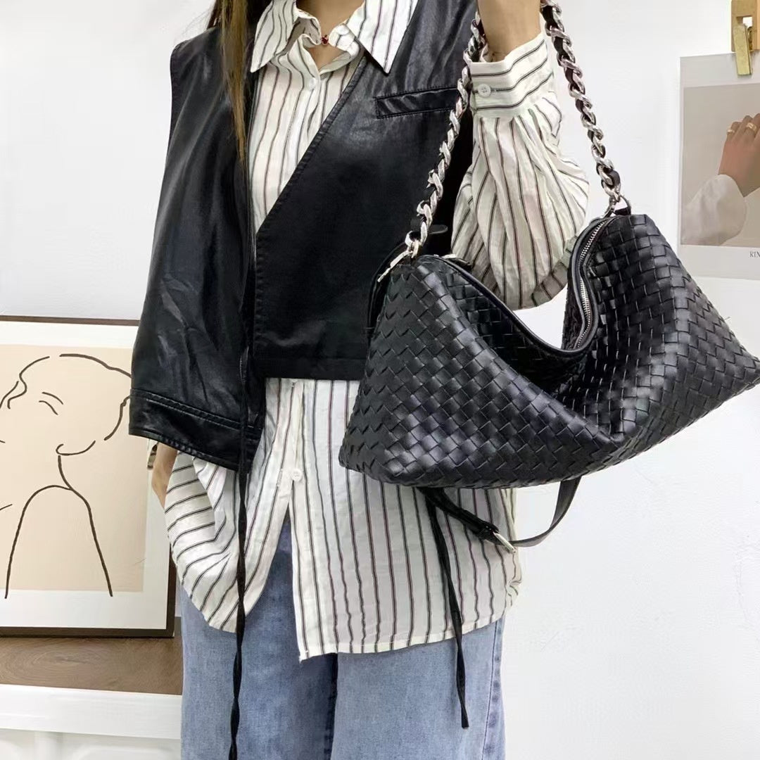 VELUXA | Woven Hobo Bag – Faux Leather with Chain Strap & Zip Closure